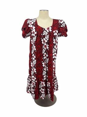 Mahalo Hawaii Red Floral Puff Sleeve Sundress Womens Mini Tropical Dress